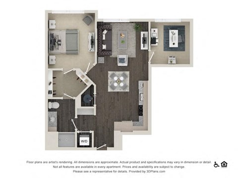 Floor plan for 1 bed, 1 bath, 851 sqft